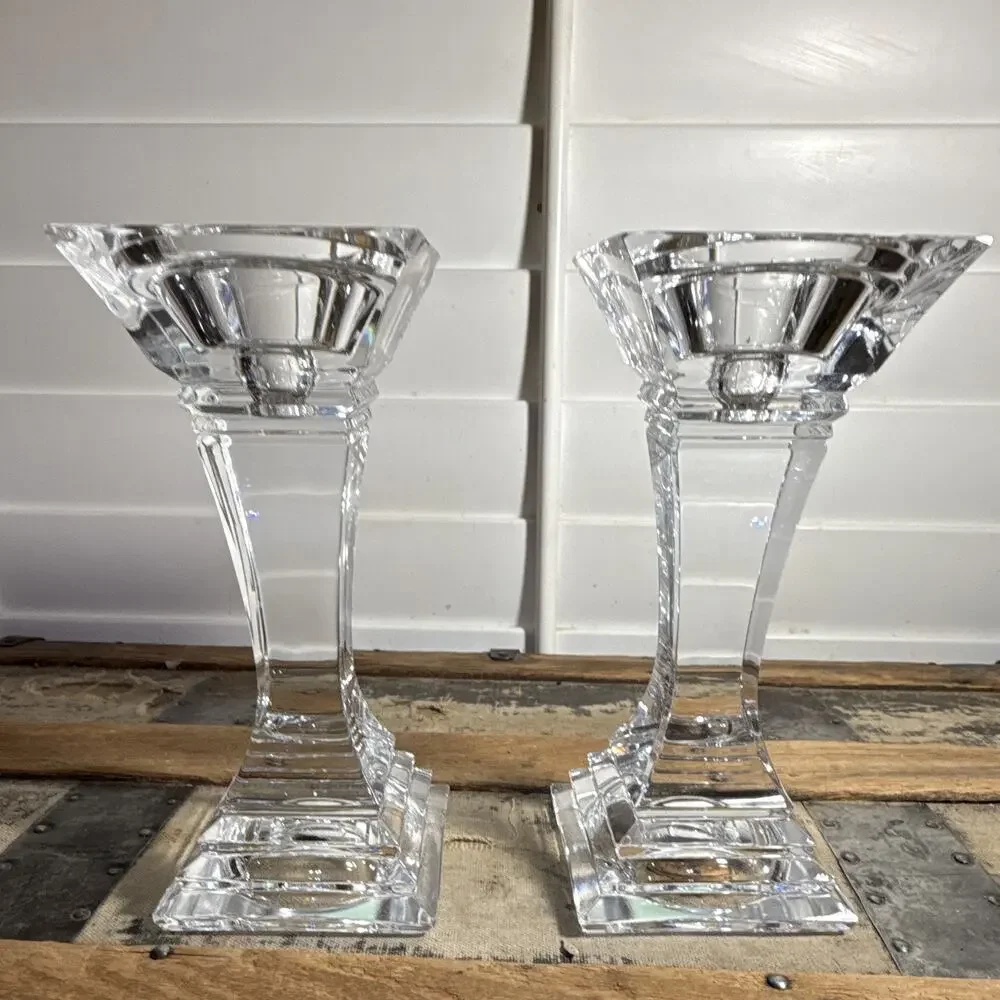 Set of 2 Clear Glass Decorative Candlestick Candle Holders, Pair